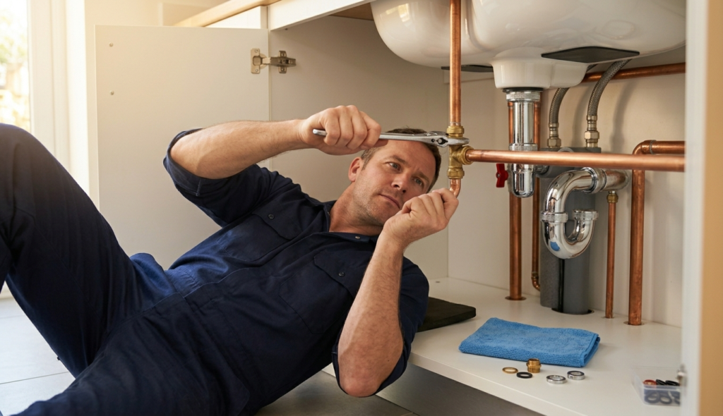 a professional plumber working under a kitchen sink repairing leaking tap pipes and fittings
