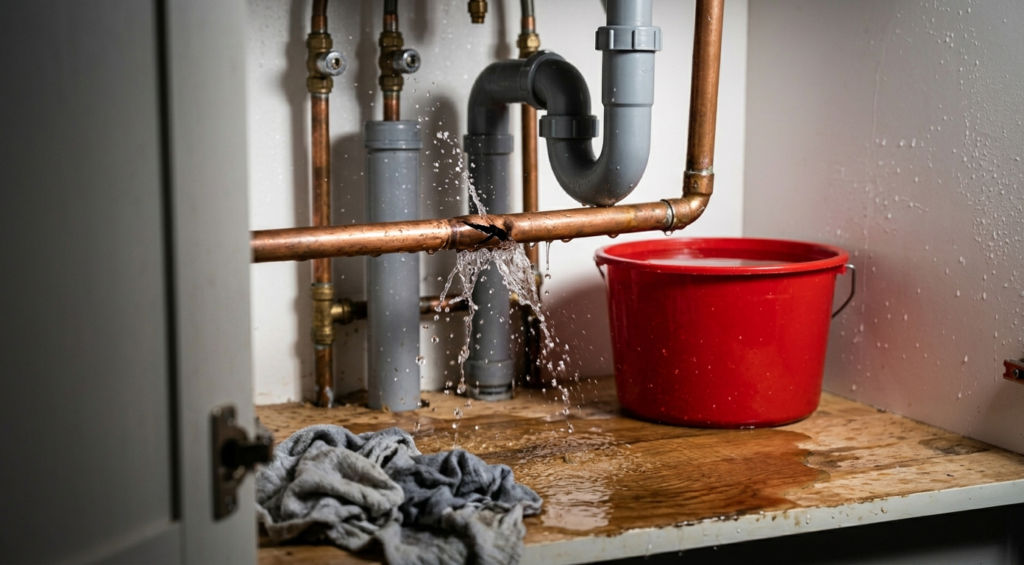 burst copper pipe leaking water under kitchen sink emergency plumber needed for burst pipe repair uk