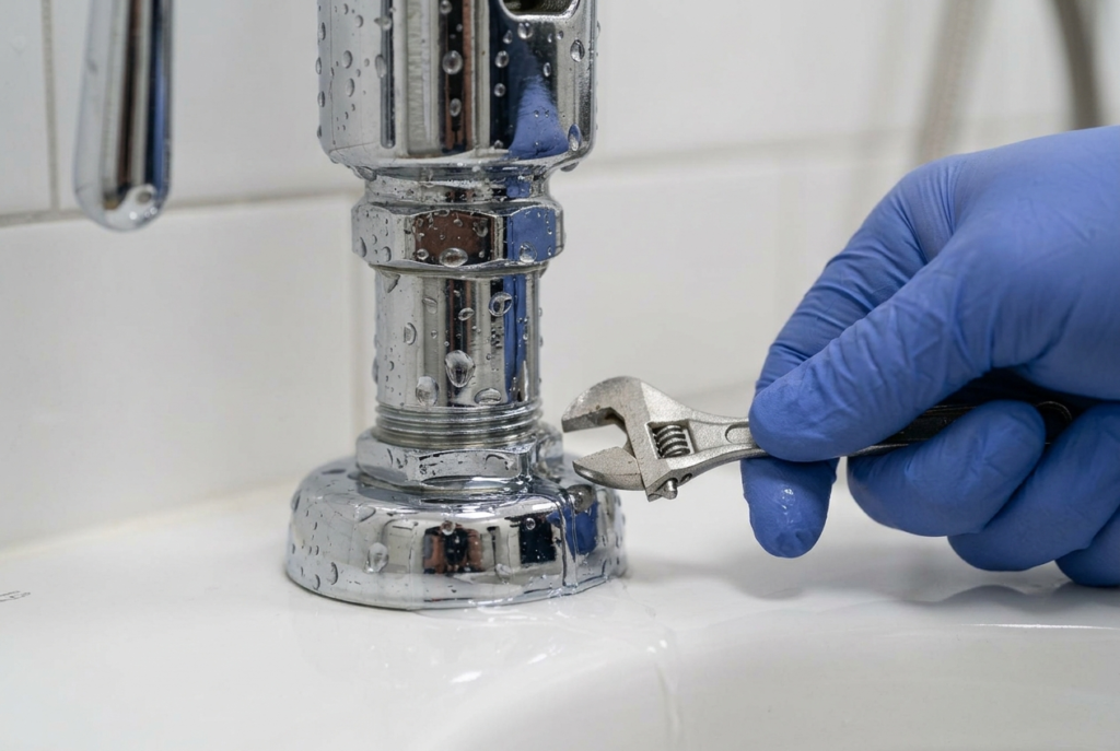 Plumber diagnosing a leaking flushometer valve on a commercial toilet