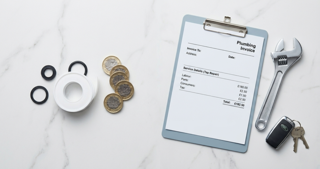 diy tap repair parts vs professional plumber cost comparison — washers and ptfe tape beside a plumbing invoice