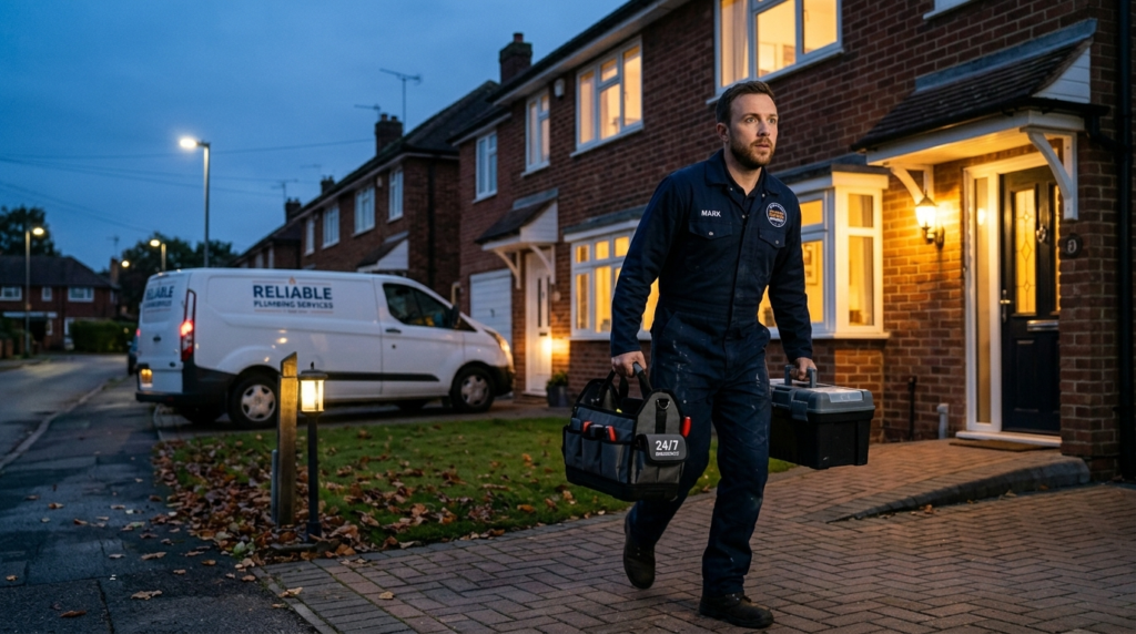 emergency plumber arriving at a uk home at night 247 emergency plumbing service available near me
