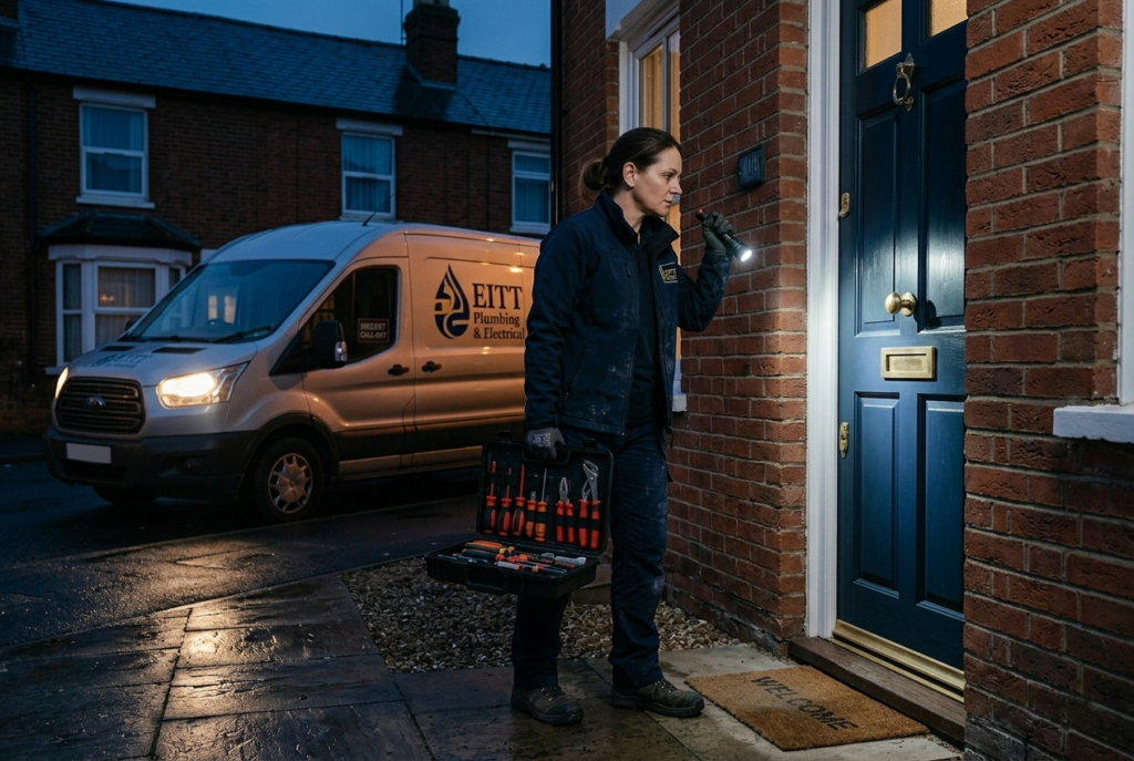 emergency plumber responding quickly to a burst pipe at night