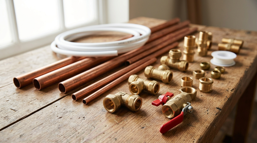 Close-up of copper and plastic plumbing pipes with fittings, used by UK plumbers