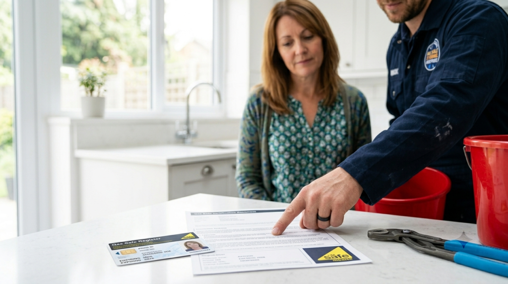 homeowner verifying gas safe registration and plumber credentials before booking local plumbing service