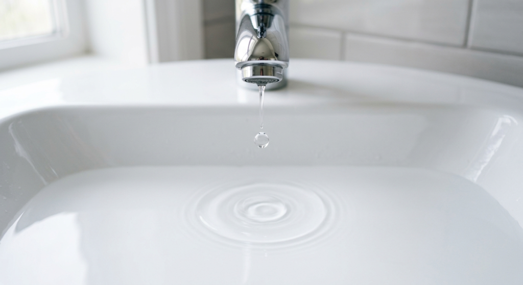 Leaking chrome tap dripping water into a white ceramic basin — how to fix a leaking tap guide