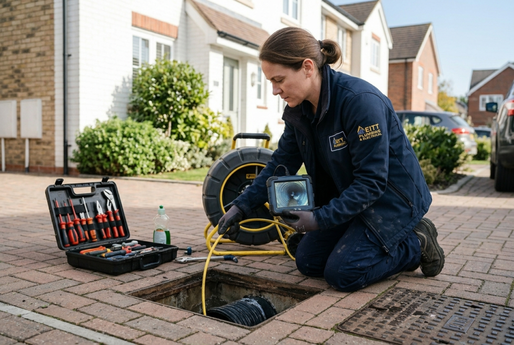plumber inspecting a drain with a cctv drain survey camera