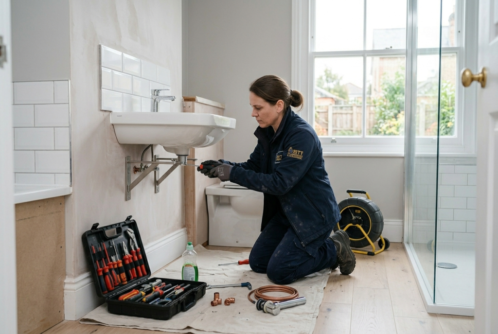 plumber installing a new bathroom sink during a bathroom fitting project