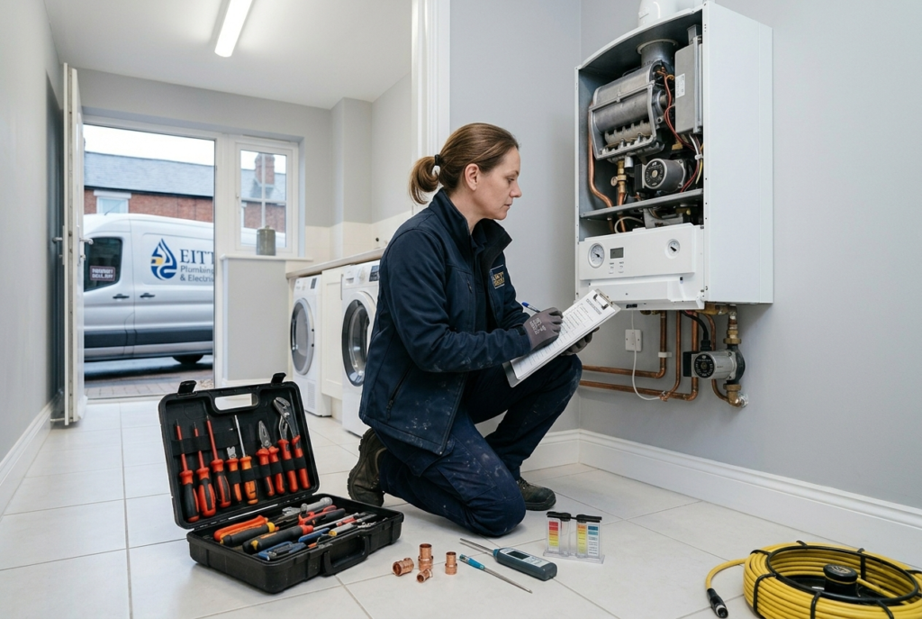 plumber performing a scheduled boiler maintenance check