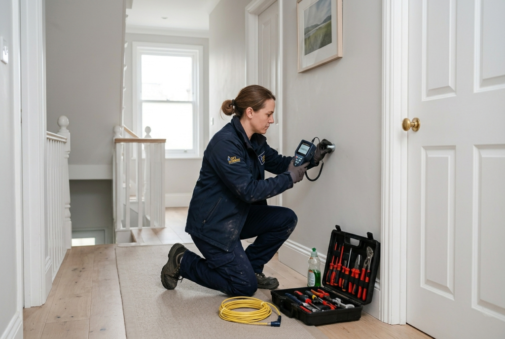 plumber using leak detection equipment to find a hidden pipe leak