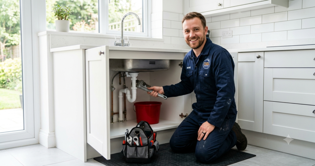 professional plumber fixing kitchen sink pipes in a modern uk home city plumbing near me service