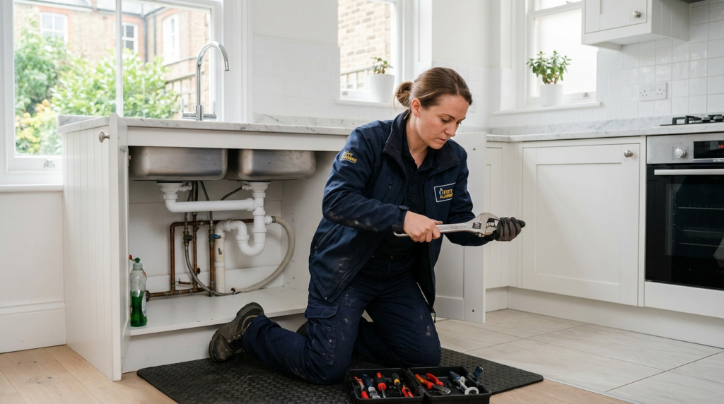 professional plumber repairing a kitchen sink pipe in a london home