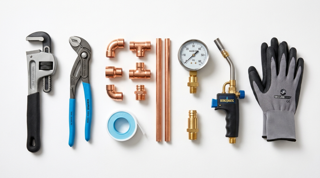 professional plumbing tools including pipe wrench fittings and pressure gauge local plumbing services uk