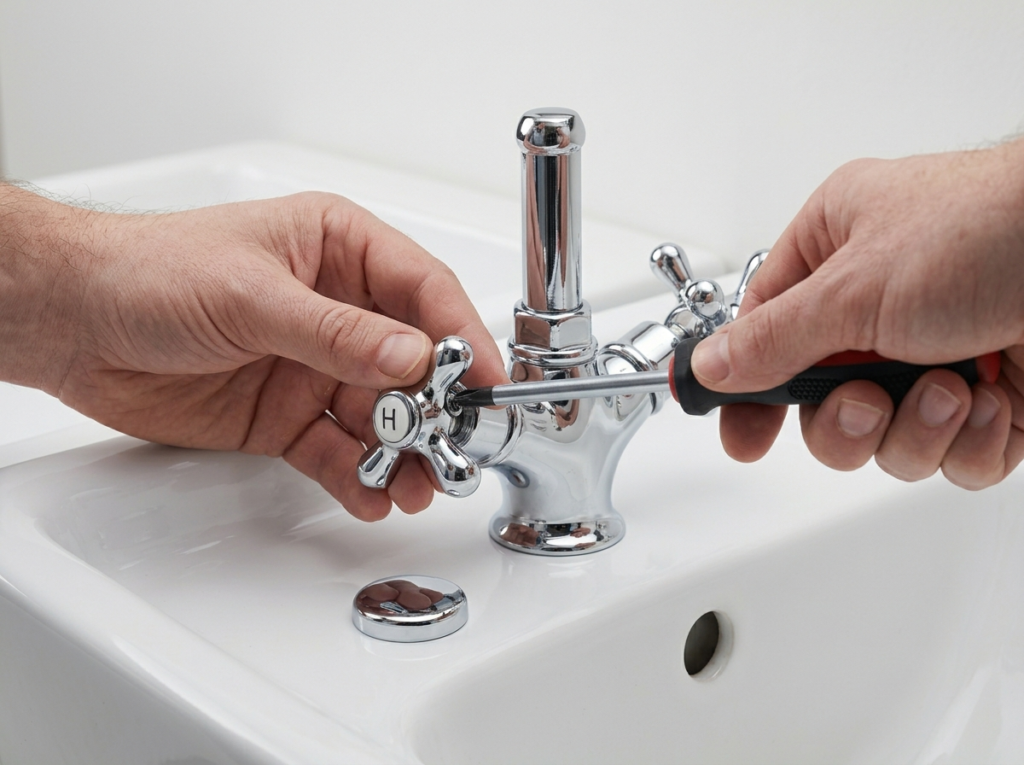 removing a tap handle by unscrewing it with a screwdriver to access the internal washer or cartridge