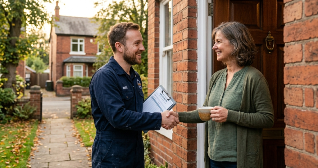 satisfied homeowner shaking hands with a trusted local plumber after completed plumbing work reliable city plumber uk
