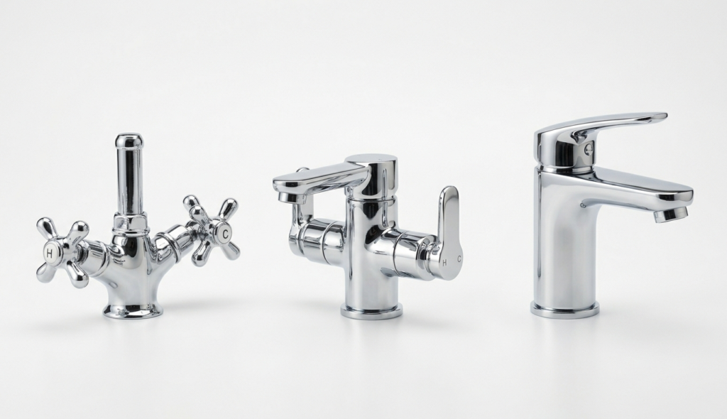 three types of uk household taps side by side compression tap ceramic disc tap and monobloc mixer tap