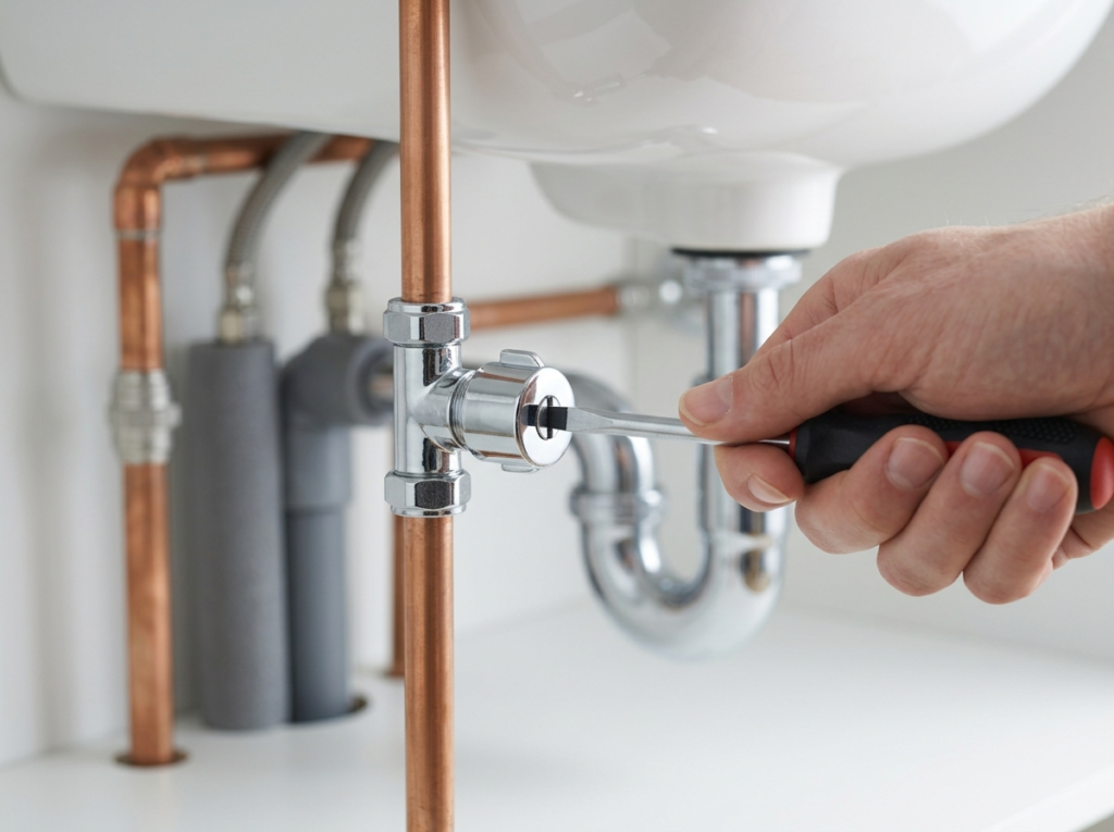 turning off an isolation valve under the sink with a flat head screwdriver before fixing a leaking tap
