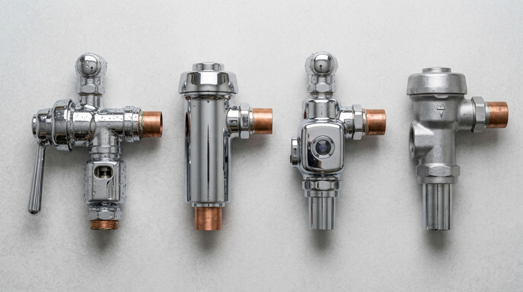 Four types of flushometer valves: diaphragm, piston, manual, and sensor-operated