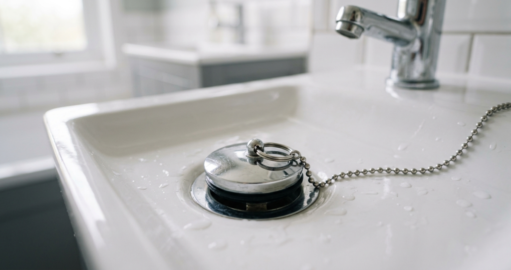 Close-up of a chrome bathroom plug fitted in a white basin waste