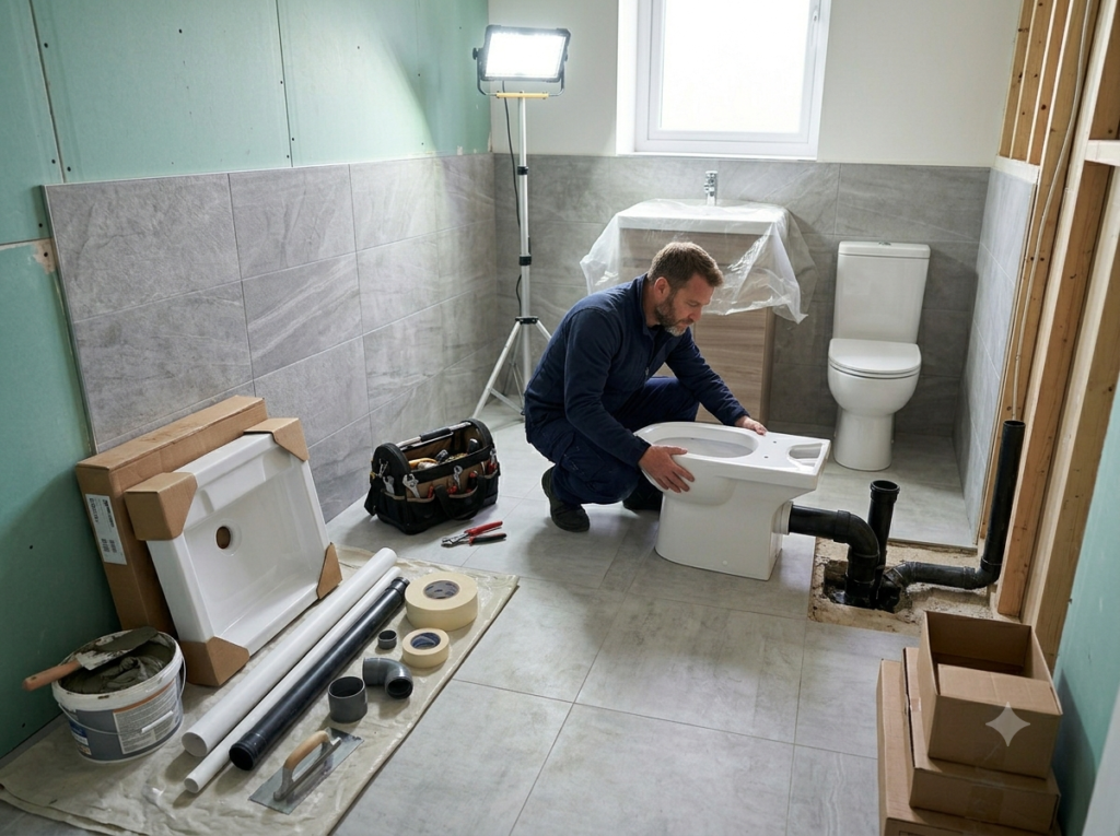 Plumber fitting a new toilet during a full bathroom renovation