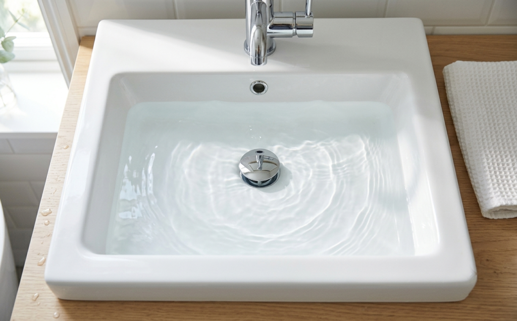 Bathroom Sink Plug Replacement: A Complete Guide for UK Homeowners Bathroom basin filled with water showing a properly sealed sink plug