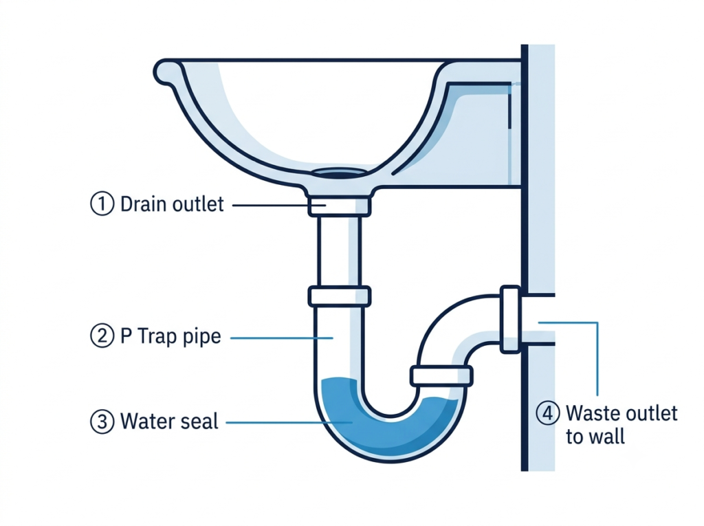 Diagram showing the anatomy of a bathroom sink p trap with labels for the drain outlet, p trap pipe, water seal, and waste outlet