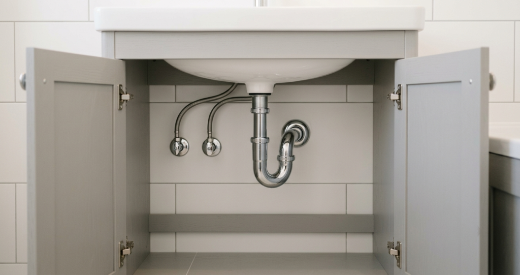 Chrome bathroom sink p trap pipe visible beneath a white ceramic basin in a modern UK bathroom
