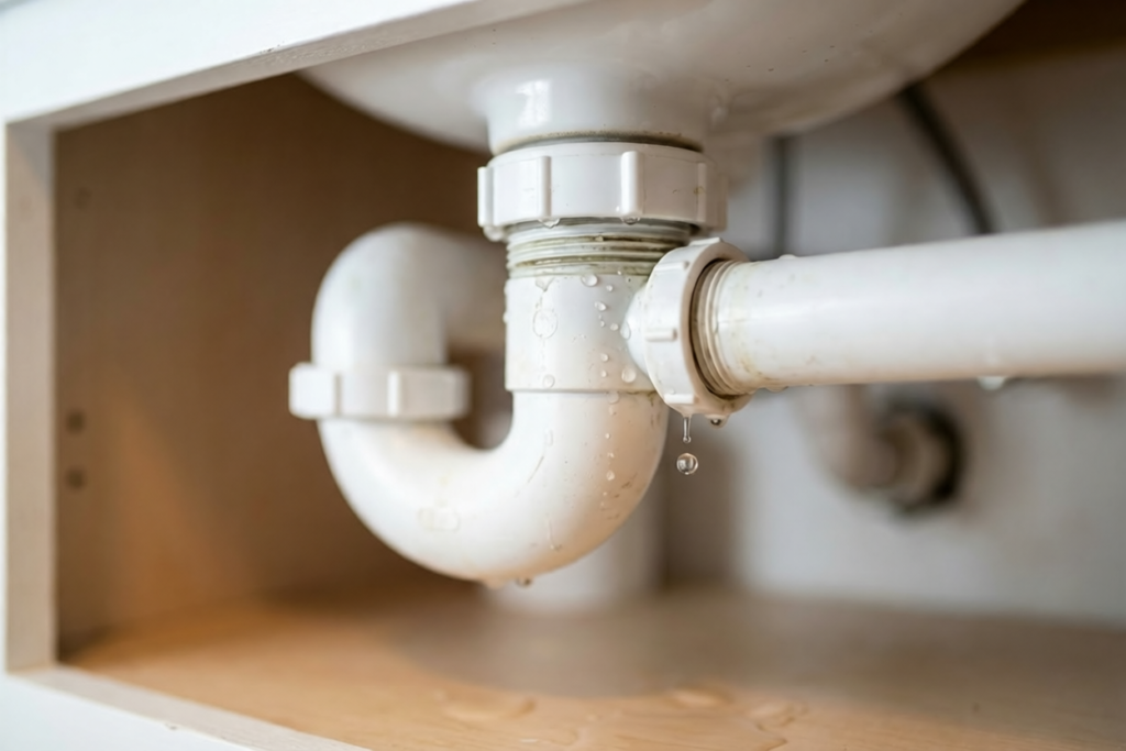 Water dripping from a leaking bathroom sink p trap compression joint underneath a white sink cabinet