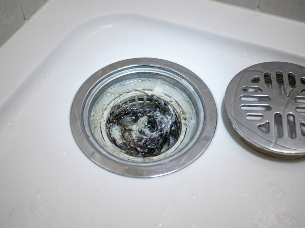 Close-up of a blocked shower drain with visible hair and soap scum causing slow drainage