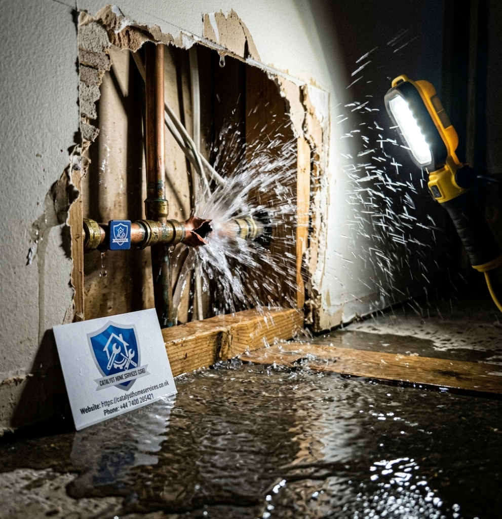 Burst pipe leaking water inside a home wall causing emergency damage