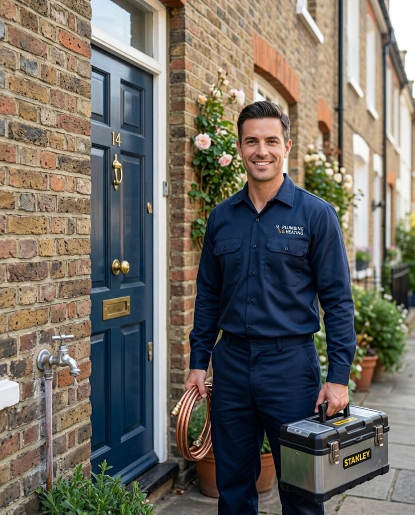 A professional fitting plumber from Catalyst Home Services standing at a London home ready for a job