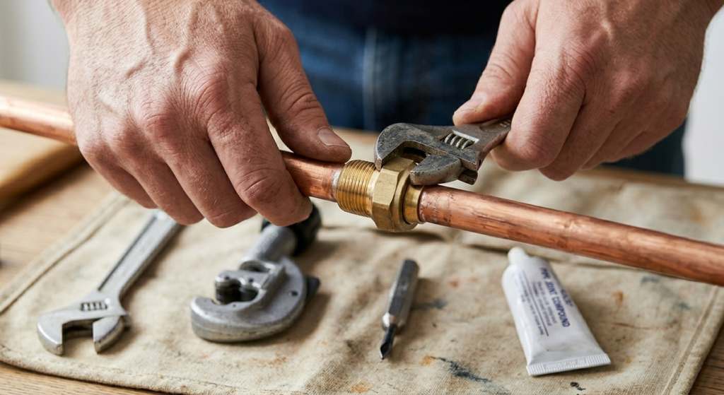 Plumber fitting a compression coupling to repair a copper pipe joint