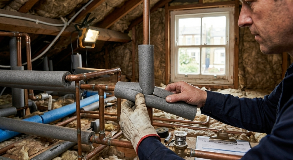 Pipe insulation being installed to prevent future leaks and bursts
