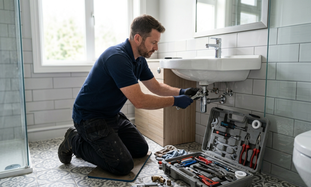 Bathroom Sink Plug Replacement: A Complete Guide for UK Homeowners Professional plumber from Catalyst Home Services working in a London bathroom