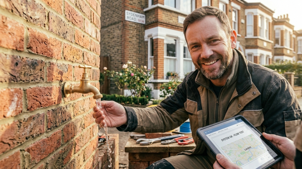 Catalyst Home Services plumber completing an outside tap installation in London