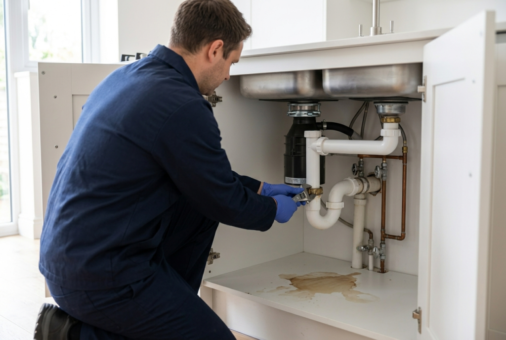 Professional London plumber repairing pipework underneath a sink