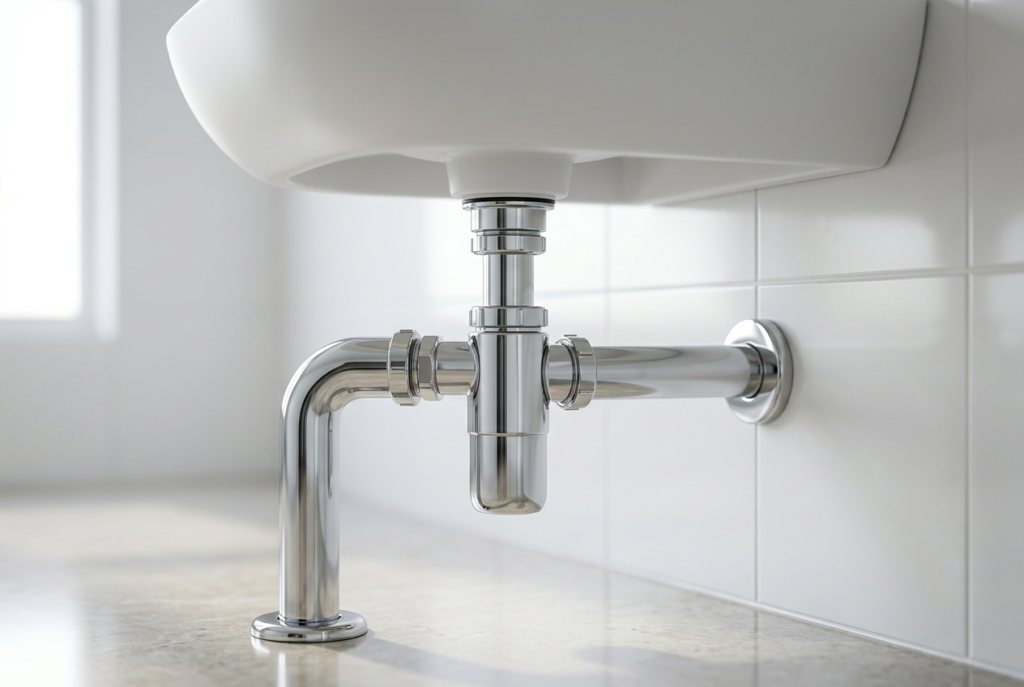 Trap Plumbing Explained: What It Is, How It Works, and Why Every Drain Needs One Chrome bottle trap fitted beneath a wall-hung bathroom basin