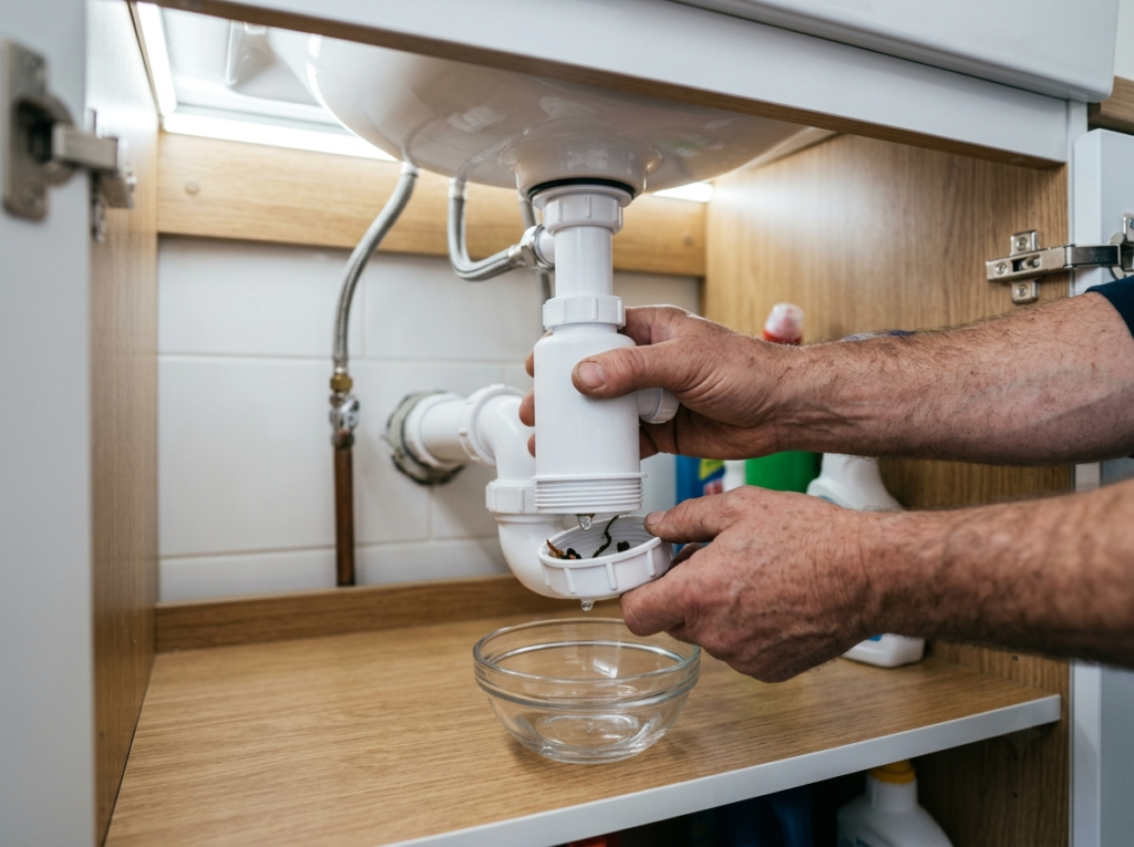 Homeowner cleaning a bottle trap as part of routine plumbing waste fitting maintenance
