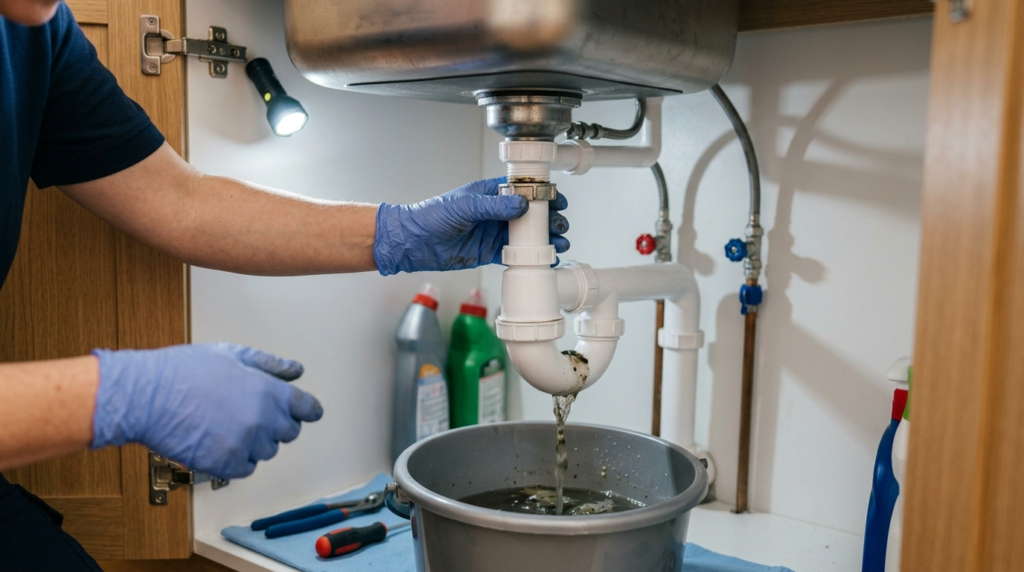 Trap Plumbing Explained: What It Is, How It Works, and Why Every Drain Needs One Plumber removing a blocked trap from under a kitchen sink to clear debris
