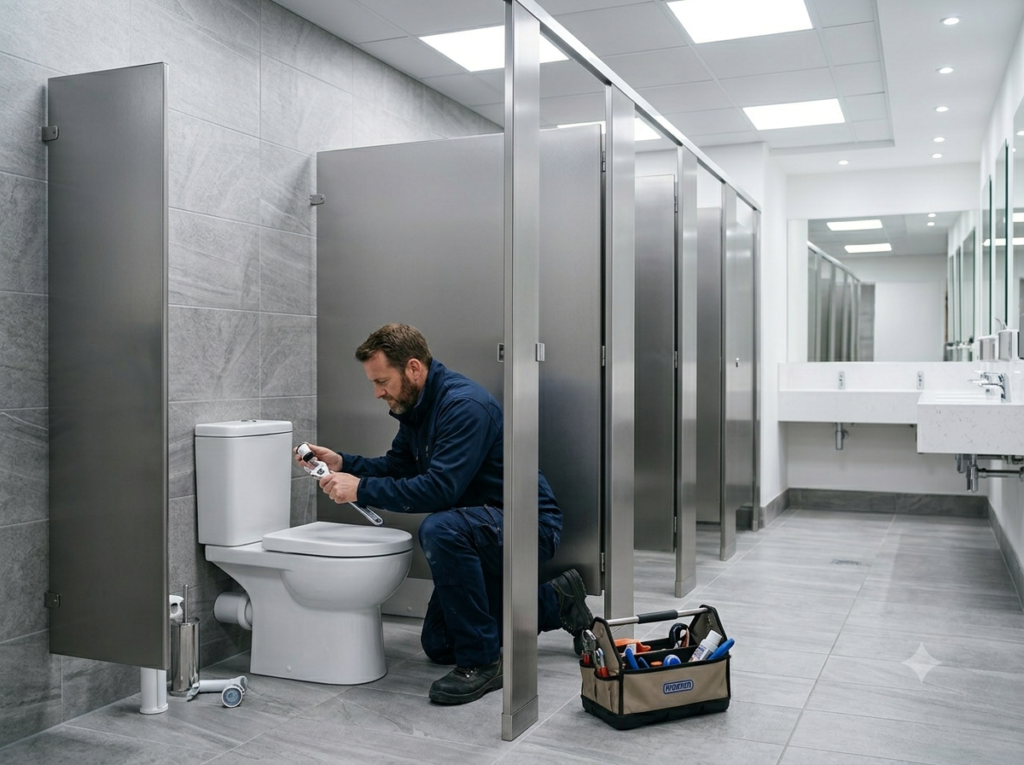 Fitting plumber servicing toilets in a commercial office washroom