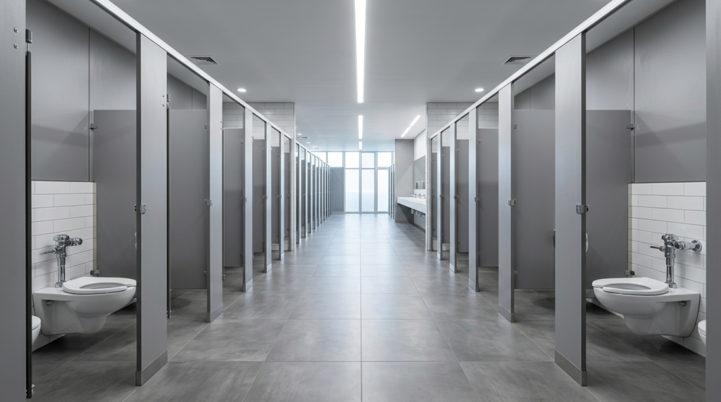 Row of commercial toilet cubicles fitted with flushometer valves in an office washroom