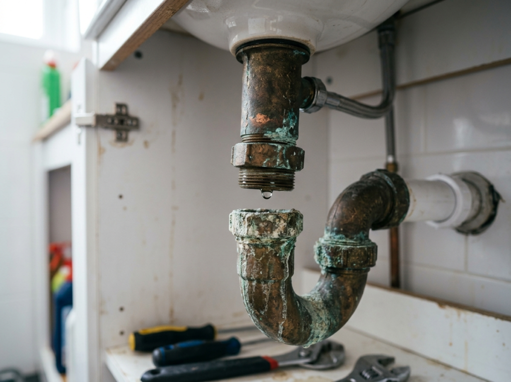 Corroded and leaking plumbing waste fitting showing common signs of failure