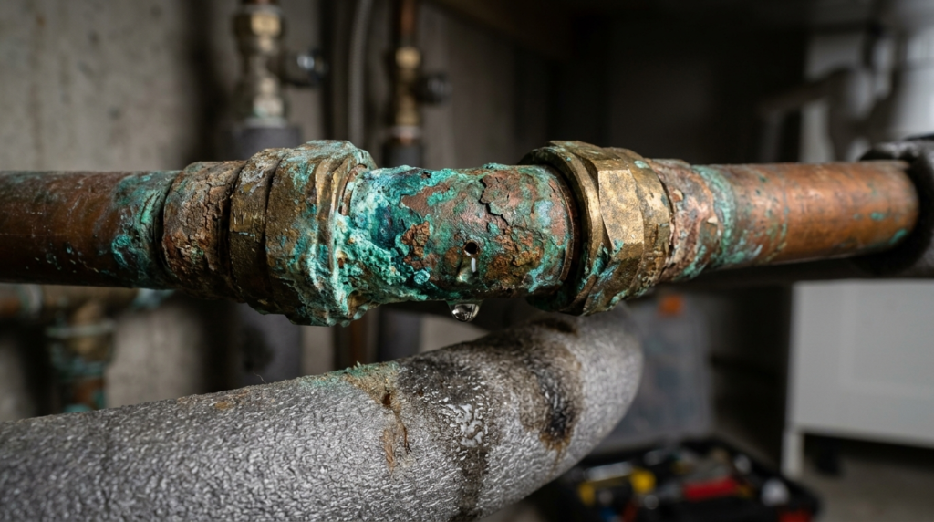 Close-up of a corroded copper pipe joint with a small water leak