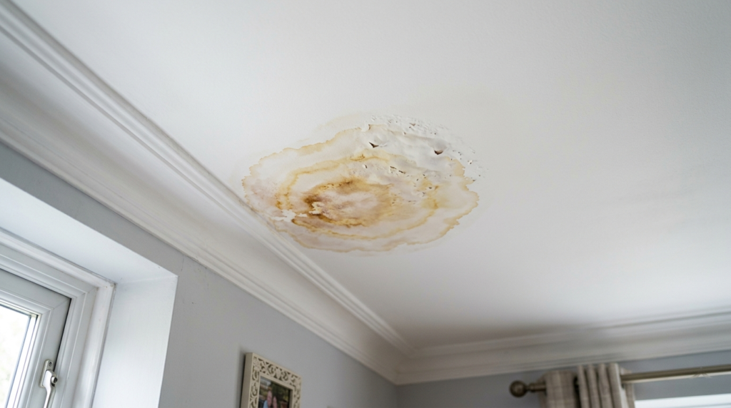 Water stain and damp patch on a ceiling caused by a hidden leak