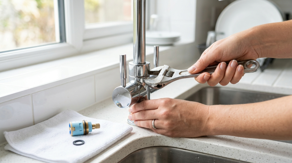 Homeowner using a spanner to fix a dripping kitchen tap washer
