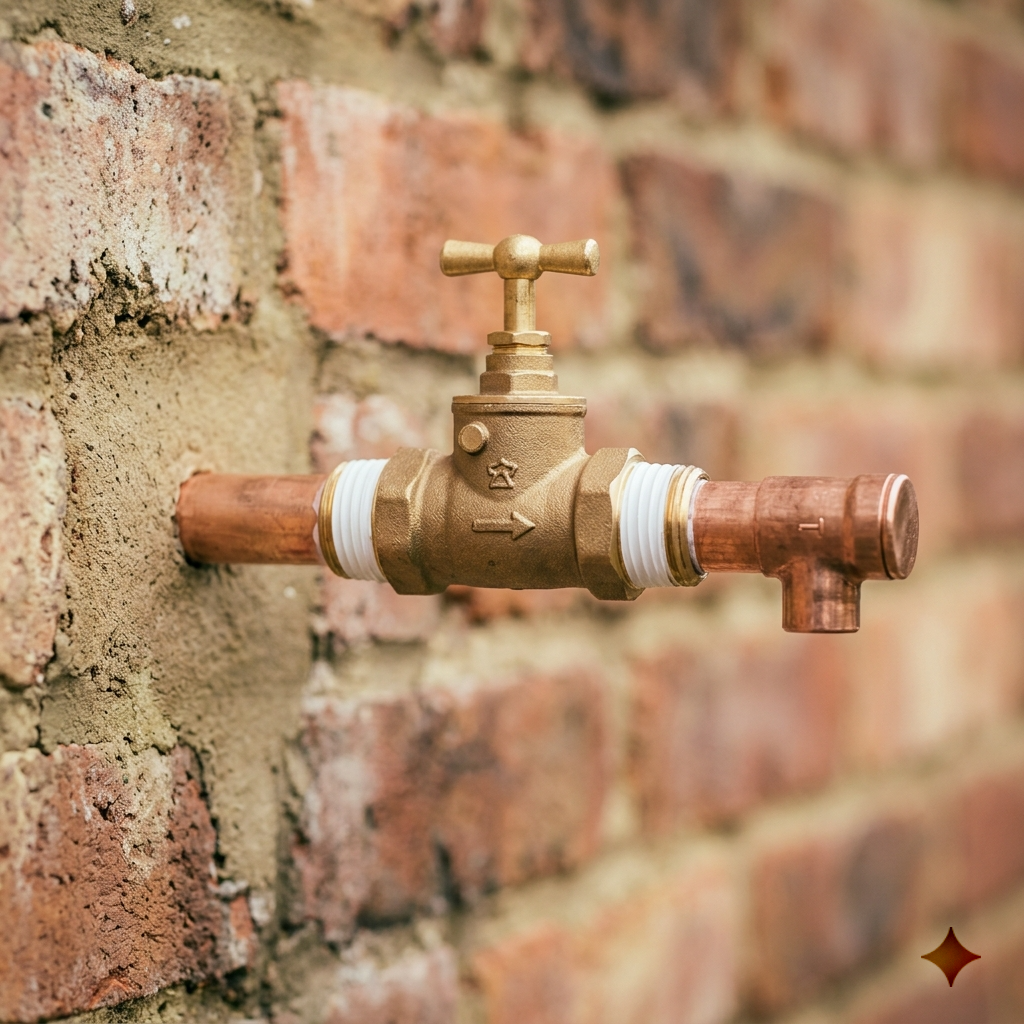 Double-check valve fitted to outside tap pipework to comply with UK water regulations