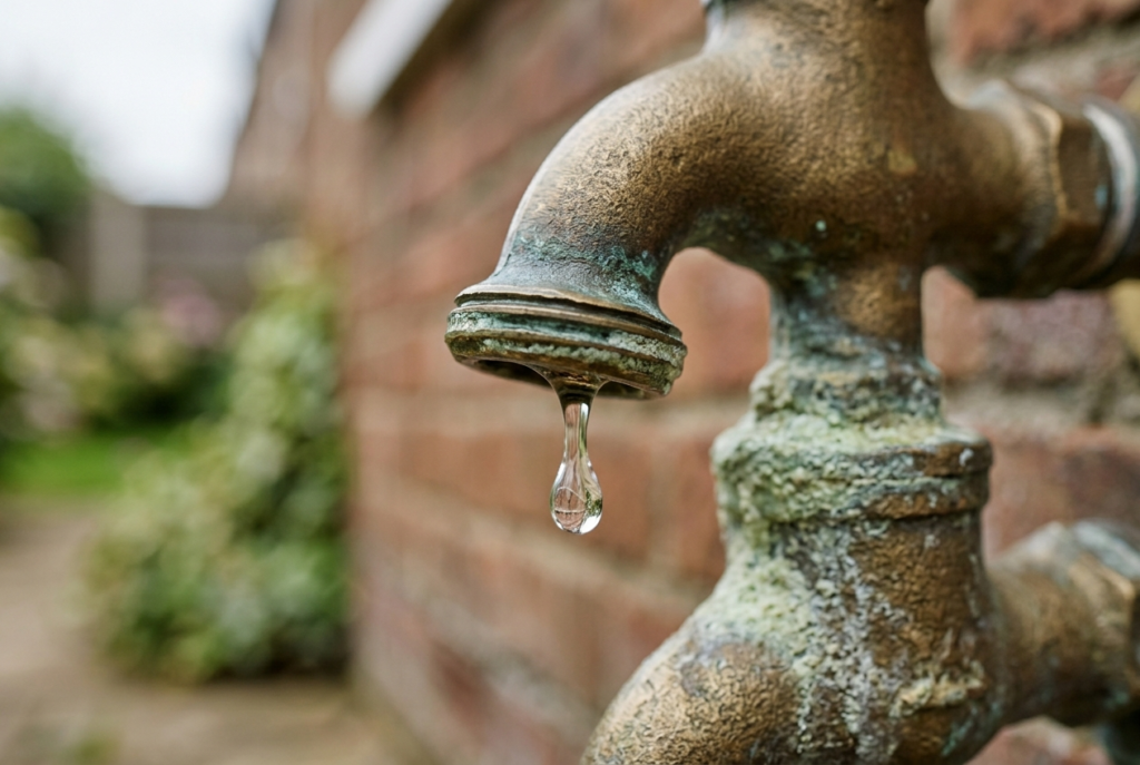 Close-up of water dripping from a leaking outdoor garden tap