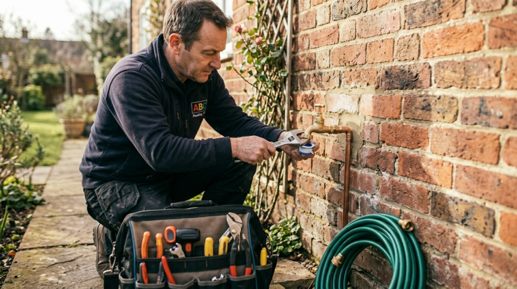 Plumber fitting an outside tap on an exterior brick wall of a UK home