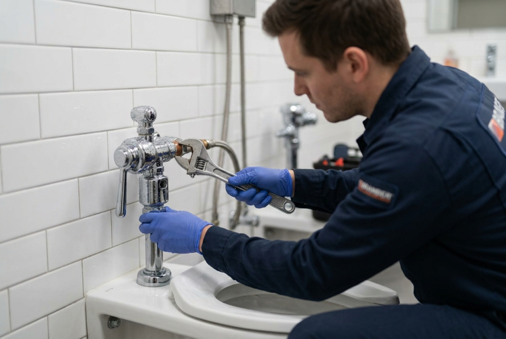 Professional plumber installing a flushometer valve toilet supply line