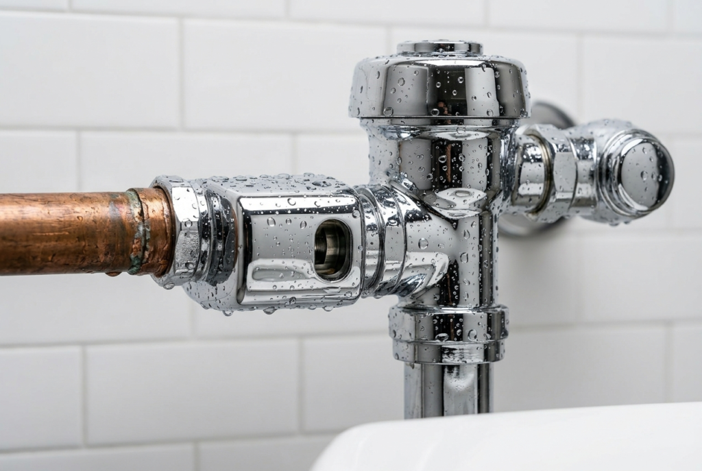 Close-up of a chrome flushometer valve mechanism on a toilet supply line
