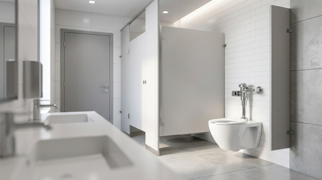 Modern flushometer valve toilet installed in a commercial washroom in London